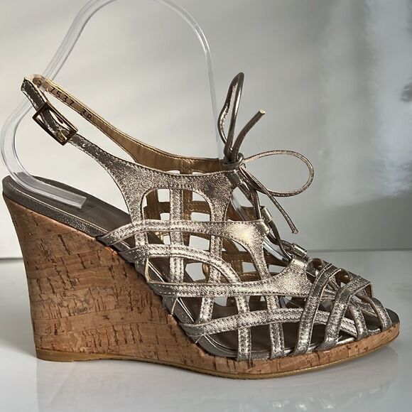 Stuart Weitzman‎ Metallic Leather Wedge Cork Heel Lace Up Sandals Size 38 - Picture 1 of 15